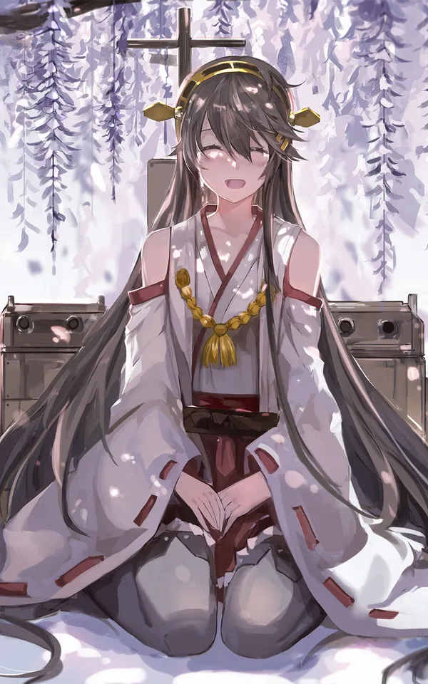 Anime girl with long dark hair in a white kimono is sitting on a wooden