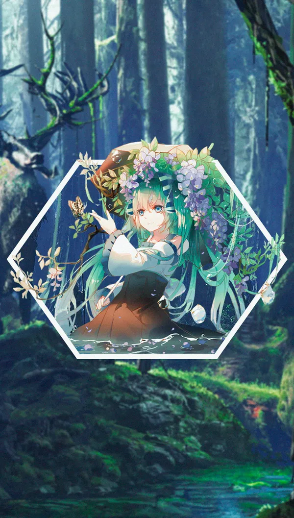 Anime girl with long green hair in a forest setting
