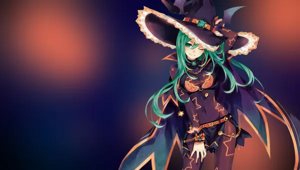 Anime girl with long green hair wearing a witch hat