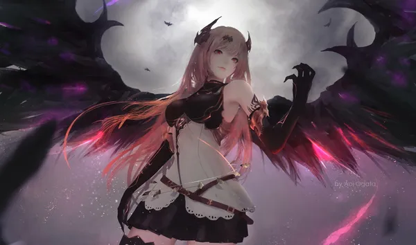 Anime girl with long pink hair and black and red wings