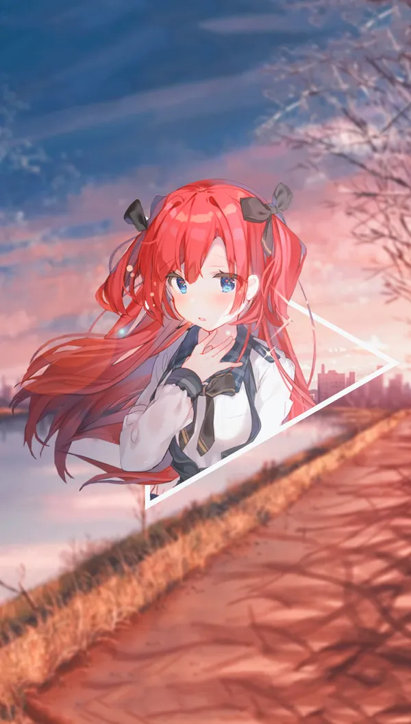 Anime girl with long red hair and blue eyes