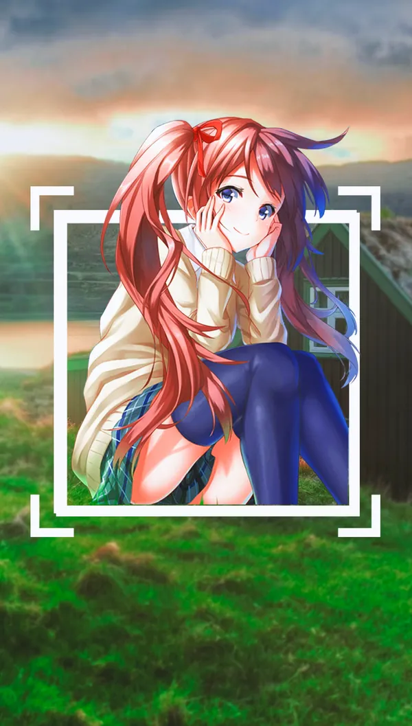 Anime girl with long red hair and blue eyes is sitting on a grassy hill