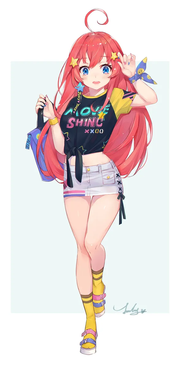 Anime girl with long red hair and blue eyes wearing a yellow shirt, white skirt,