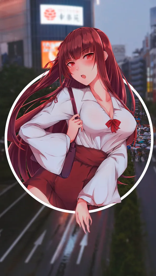 Anime girl with long red hair and red eyes, wearing a white blouse and red