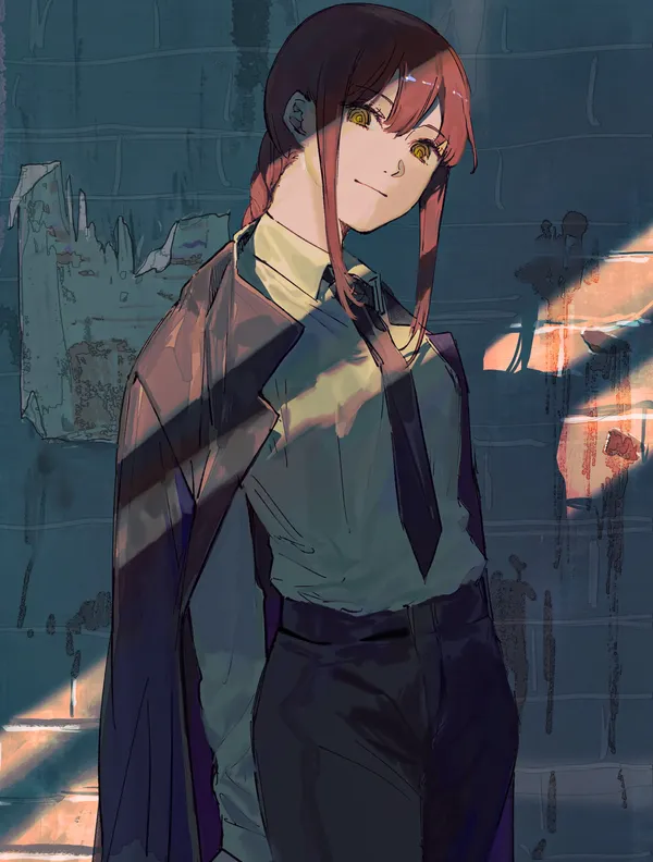 Anime girl with long red hair and yellow eyes is standing in front of a