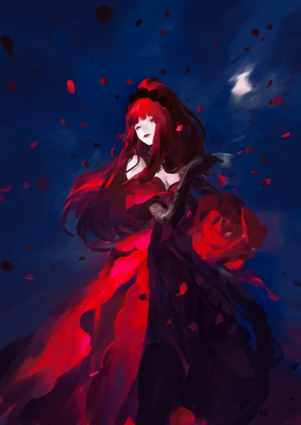 Anime girl with long red hair wearing a red dress stands in front of a