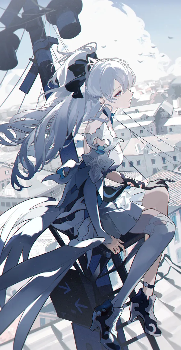 Anime girl with long white hair and blue eyes is sitting on a rooftop