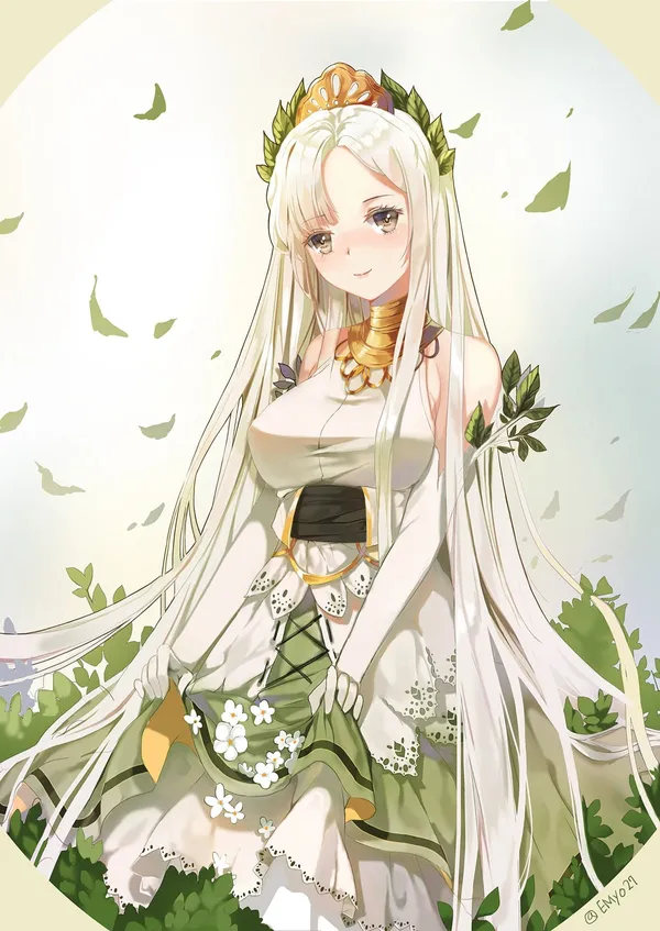 Anime girl with long white hair and green eyes wearing a white and green dress