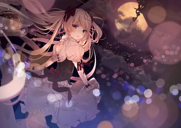 Anime girl with long white hair and purple eyes is standing on a rooftop at