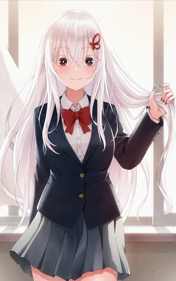 Anime girl with long white hair and red eyes