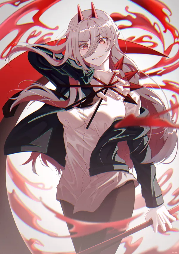 Anime girl with long white hair and red eyes holding a red rose