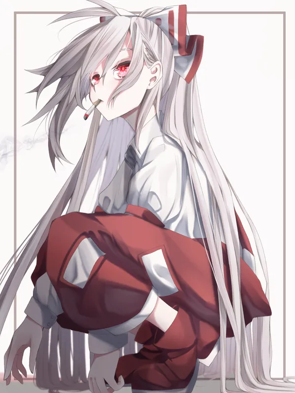 Anime girl with long white hair and red eyes smoking a cigarette