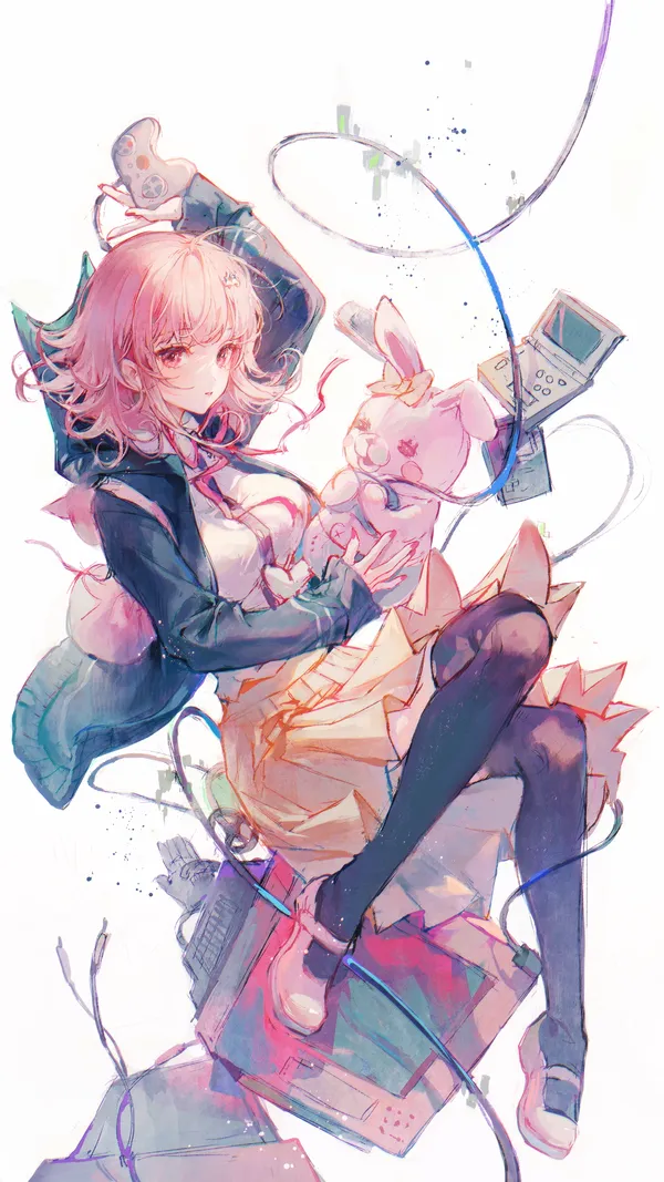Anime girl with pink hair and a rabbit plush