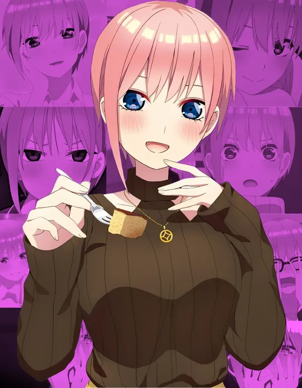 Anime girl with pink hair and blue eyes eating a piece of cake