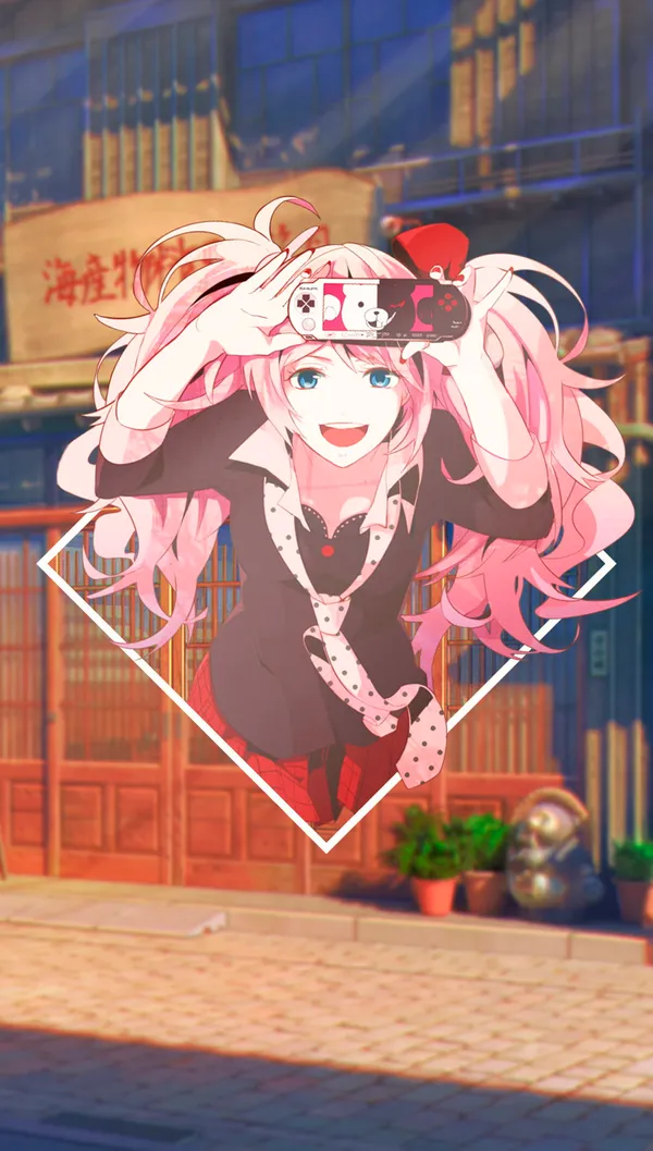 Anime girl with pink hair and blue eyes is holding a video game controller