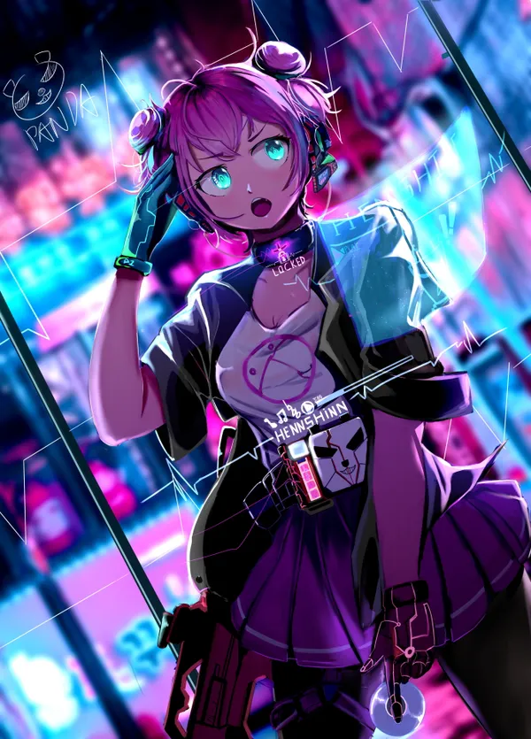 Anime girl with pink hair and blue eyes is standing in a city at night