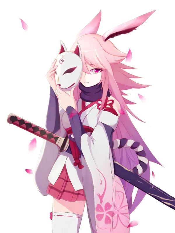 Anime girl with pink hair and fox ears holding a sword