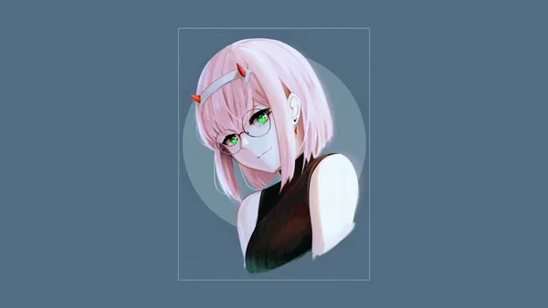 Anime girl with pink hair and glasses is smiling