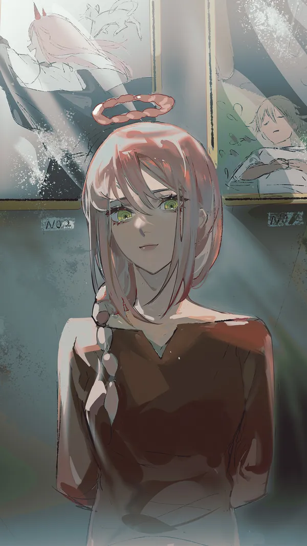 Anime girl with pink hair and green eyes is standing in front of a wall