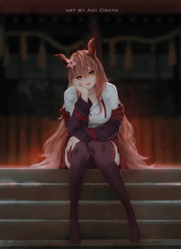 Anime girl with pink hair and horns is sitting on stairs