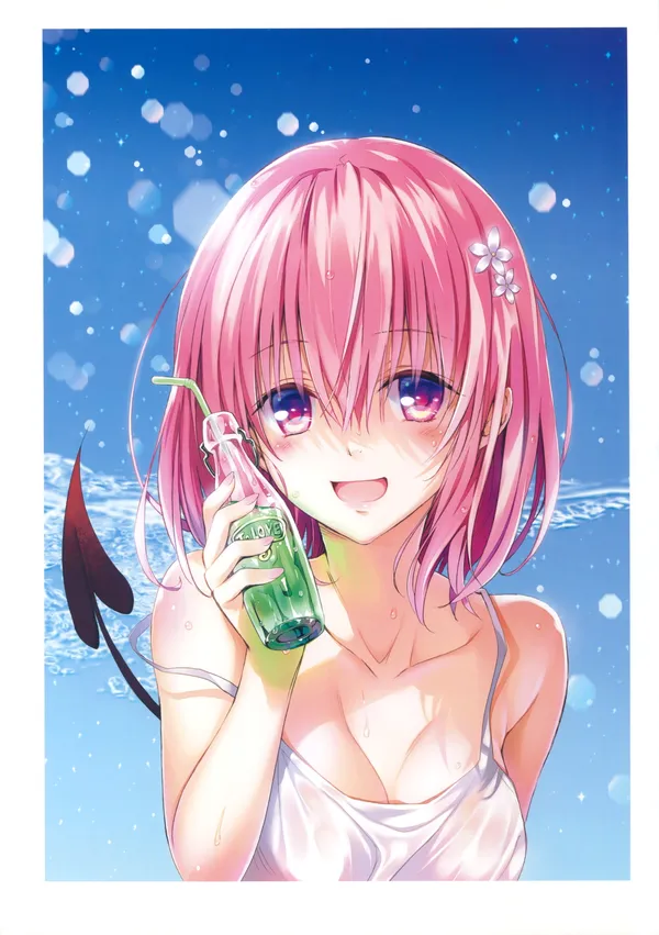 Anime girl with pink hair and purple eyes is drinking a green soda