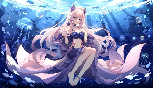Anime girl with pink hair and purple eyes is sitting underwater with jellyfish and fish