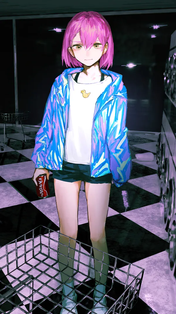 Anime girl with pink hair and purple eyes standing in a laundromat
