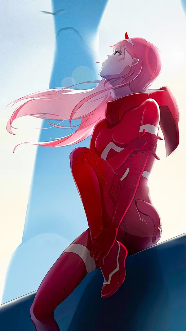 Anime girl with pink hair and red eyes is sitting on a building