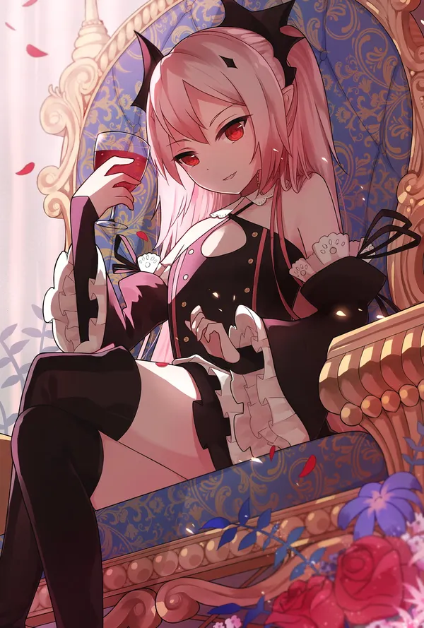 Anime girl with pink hair and red eyes is sitting on a throne