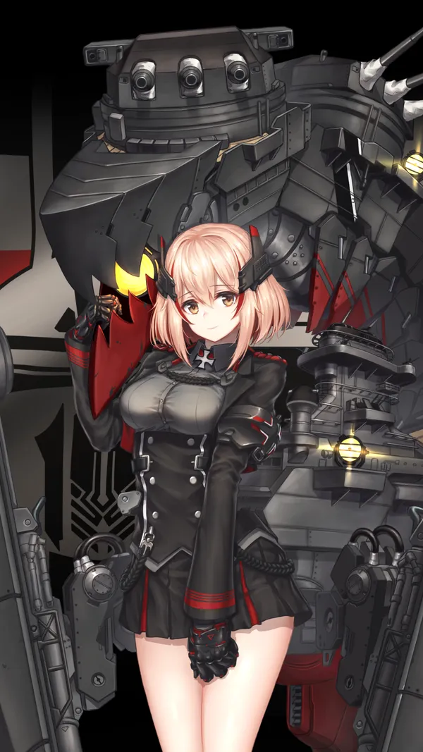 Anime girl with pink hair and red eyes standing in front of a large ship