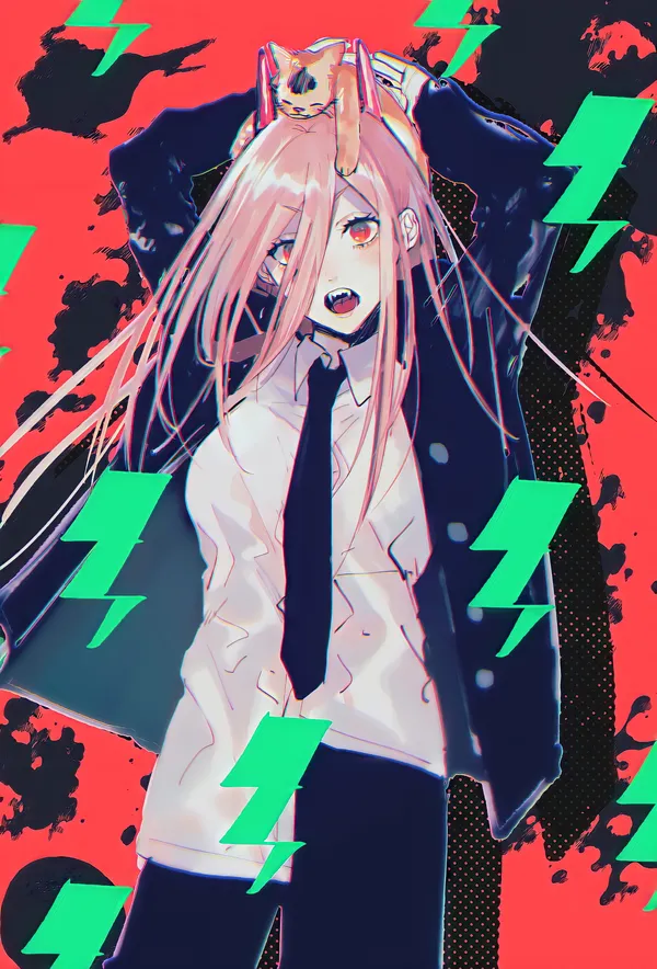 Anime girl with pink hair and red eyes wearing a white shirt and black tie
