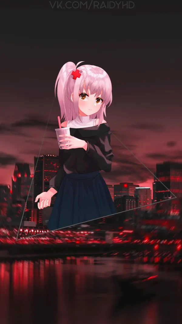 Anime girl with pink hair and yellow eyes is drinking from a cup