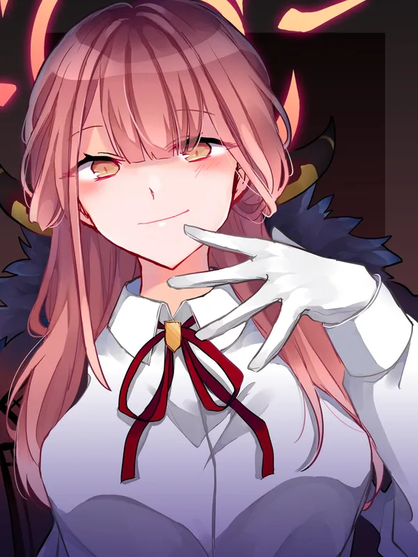 Anime girl with pink hair and yellow eyes wearing a white shirt with a red