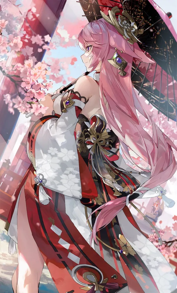 Anime girl with pink hair holding a black umbrella stands in front of a cherry