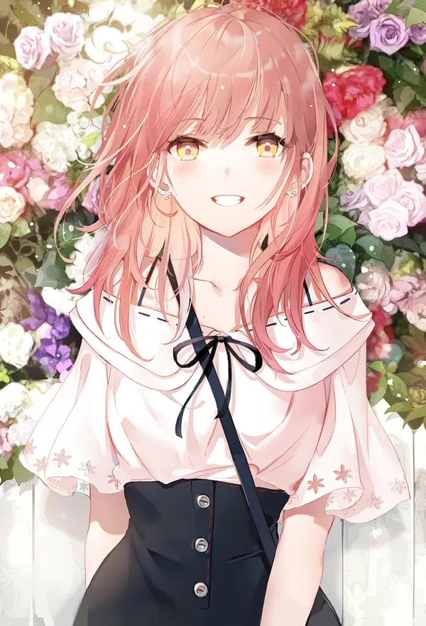 Anime girl with pink hair is standing in a garden of flowers