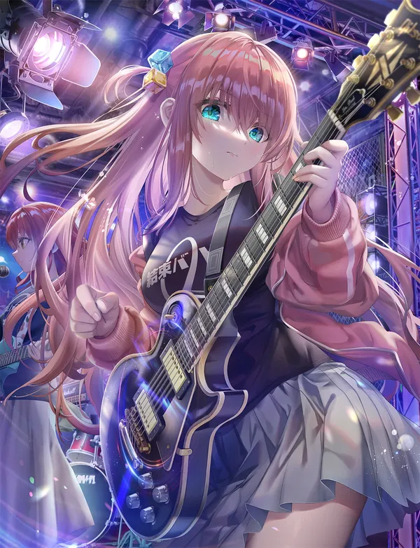 Anime girl with pink hair playing the guitar on the stage