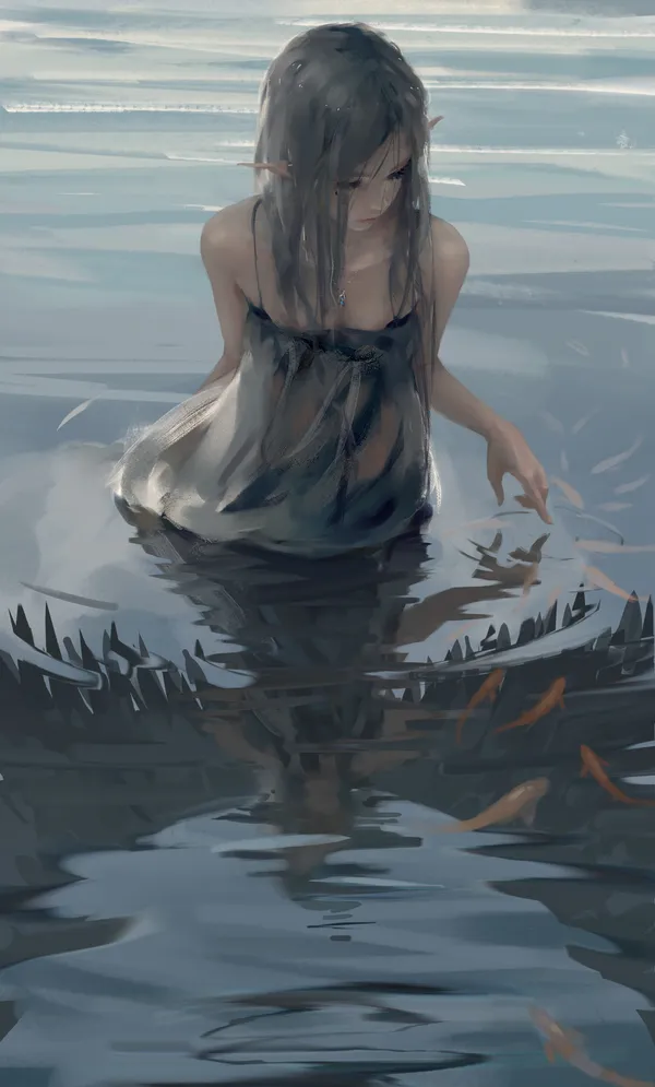 Anime girl with pointy ears is wading in a lake with koi fish