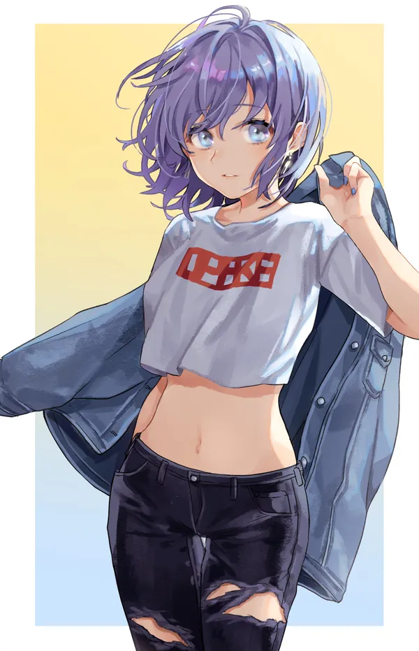 Anime girl with purple hair and blue eyes is shown. She is wearing a white