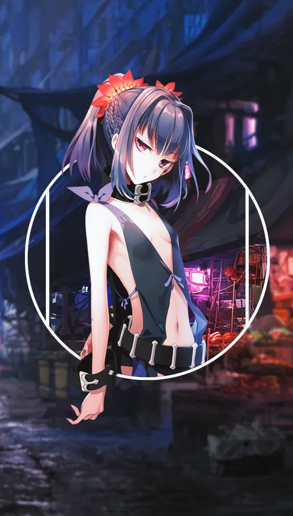 Anime girl with purple hair and red eyes is standing in a dark alleyway