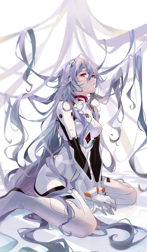 Anime girl with purple hair and white clothing is kneeling