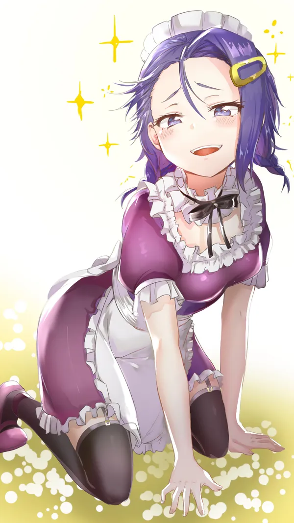 Anime girl with purple hair in a maid outfit is kneeling