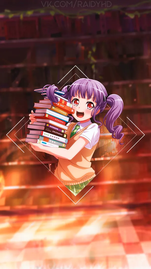 Anime girl with purple hair is carrying a large stack of books