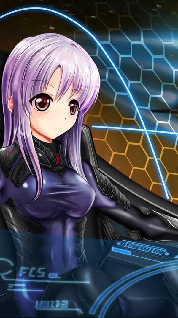 Anime girl with purple hair is sitting in a spaceship