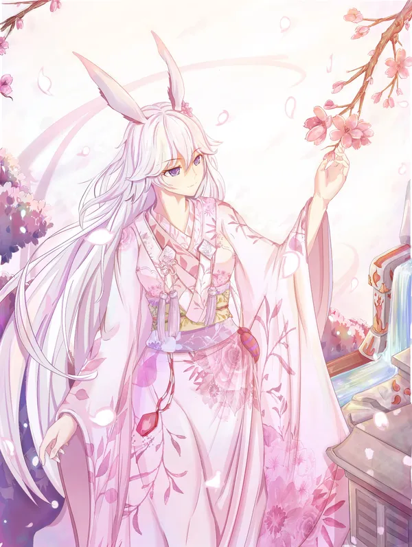 Anime girl with rabbit ears is admiring some cherry blossoms