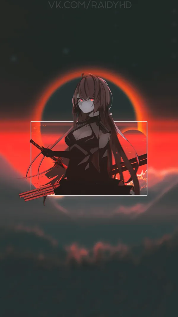 Anime girl with red eyes and black hair holding two katanas