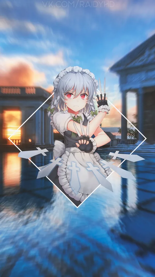 Anime girl with red eyes and white hair in a maid outfit holding two knives