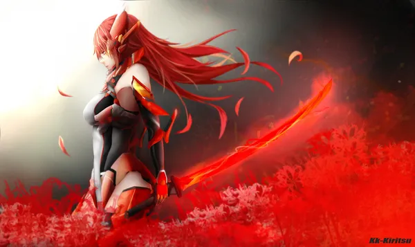 Anime girl with red hair and a red sword is standing in a field of