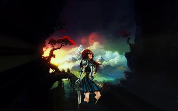 Anime girl with red hair and a sword stands in a dark cave with a