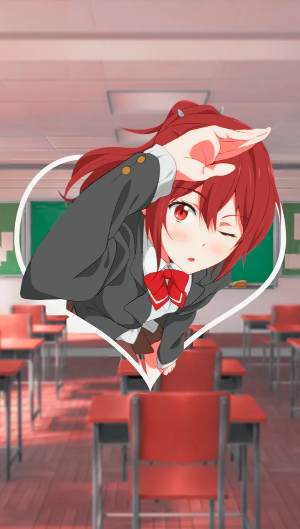 Anime girl with red hair and red eyes in a classroom