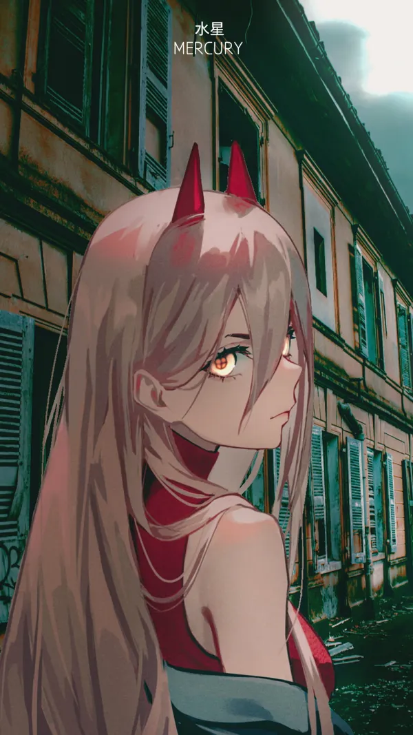 Anime girl with red horns stands in front of an abandoned building